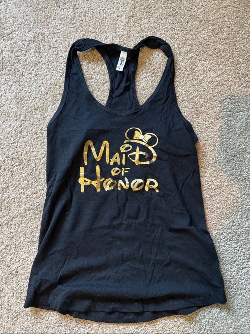 Black Racerback Tank with Gold Disney "Maid of Honor" Graphic